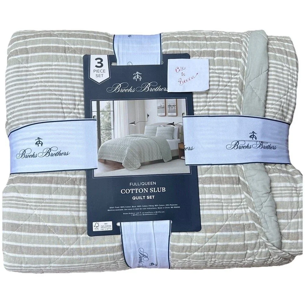 Brooks Brothers Cotton Slub Quilt Sham Set Full Queen Green Stripes 3 Pc Set New
